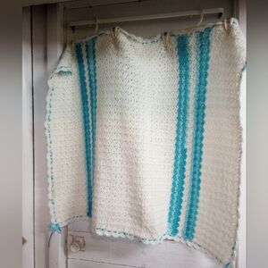 Vintage Blue & White Ruffle Hand Crochet Crocheted Baby Blanket 36" X 40" Ribbon